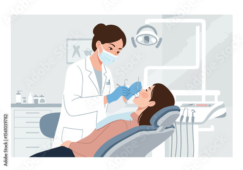 Dentist examining patients teeth with dental instruments in a clinic setting.