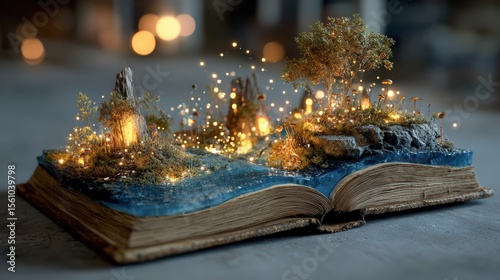Enchanted Book with Miniature Landscape and Sparkling Lights