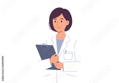 Female Doctor Holding a Clipboard Wearing a White Coat with a Pen in Pocket.