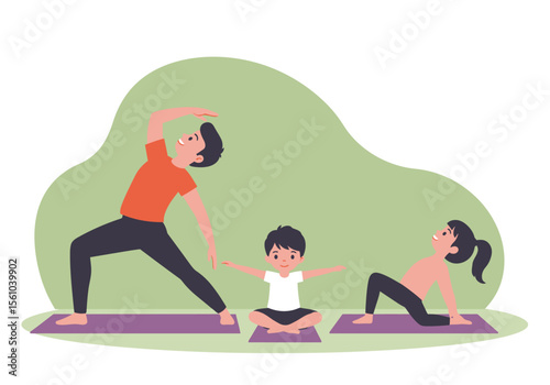 Family Yoga Session Father Son and Daughter Practicing Poses on Purple Mats.