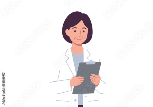 Female Doctor Holding Clipboard with White Coat and Dark Hair Illustration.
