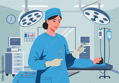 Female Surgeon Holding Surgical Instruments in Operating Room Wearing Blue Scrubs and Gloves.