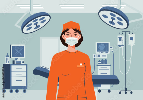 Female Surgeon in Orange Scrub Suit and Mask Medical Professional Portrait.