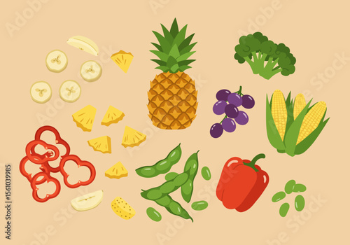 Fresh Pineapple with Green Crown Golden Brown Skin and Geometric Pattern.