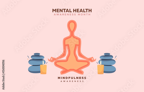 Flat vector illustration of a person meditating with zen stones and candles. Peaceful and minimal design promoting mindfulness and self-awareness for Mental Health Awareness Month.