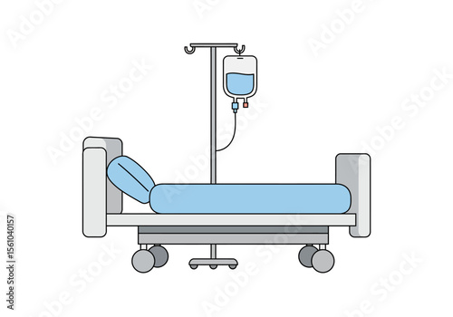 Hospital Bed with IV Drip Light Blue Mattress and Gray Frame Medical Equipment.