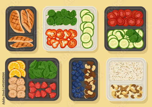 Healthy Meal Prep Containers with Chicken Vegetables Fruits Rice and Nuts.