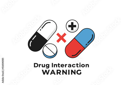 Illustrated Drug Interaction Warning with Capsules and Tablet Red Cross Symbol.