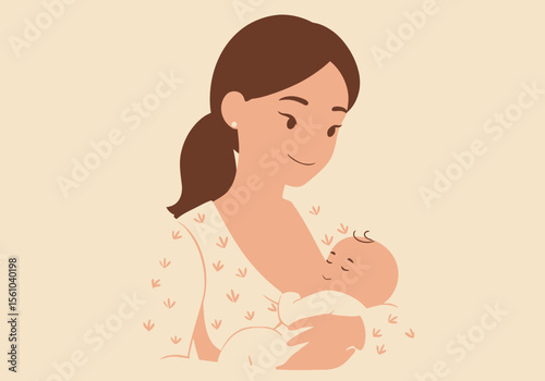Illustrated Mother Breastfeeding Baby with Brown Hair and Cream Clothing.