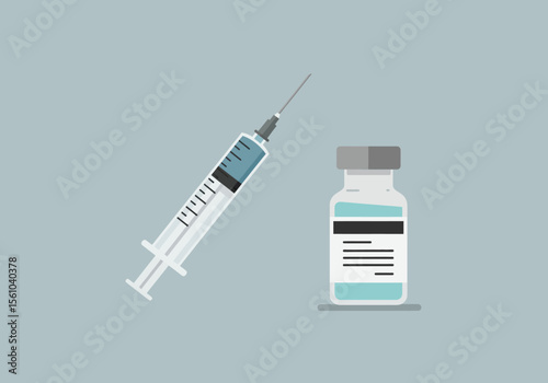 Medical Syringe with Blue Liquid and Vaccine Vial Illustration.