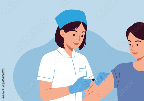 Nurse administering vaccine injection to patients arm with syringe in medical setting.