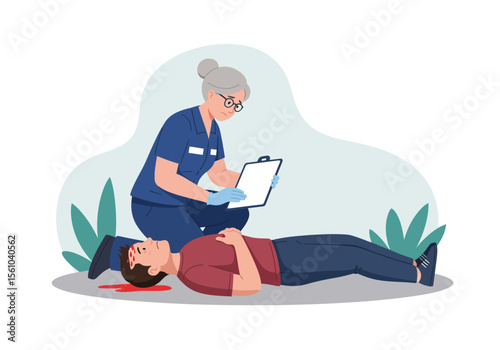 Paramedic Assesses Injured Man Lying on Ground with Head Wound.
