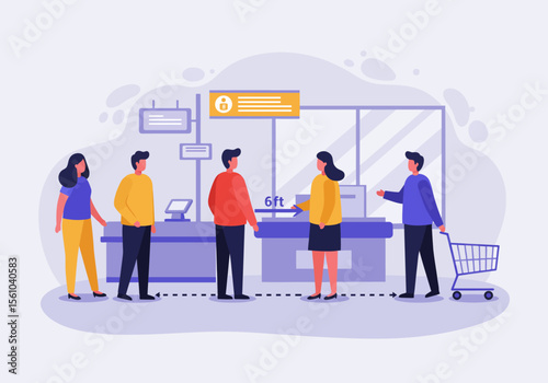 People Social Distancing in Line at a Store Checkout with Shopping Cart.