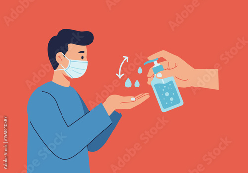 Person in Mask Applying Hand Sanitizer for Hygiene and Protection.