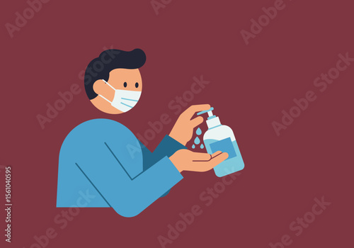 Person Using Hand Sanitizer with Mask for Hygiene and Protection.