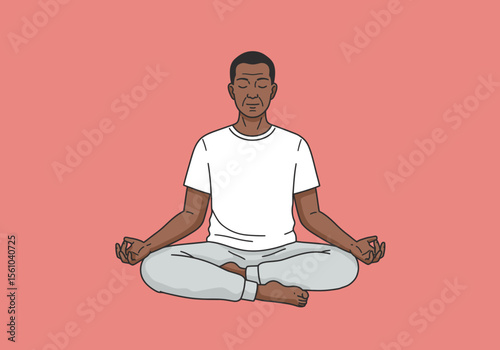 Serene African American Man Meditating in Lotus Position with Eyes Closed.