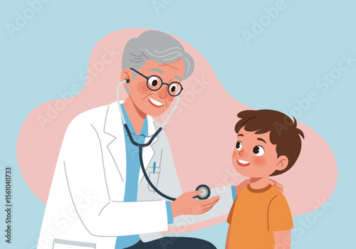 Smiling doctor examining a young boy with a stethoscope in a medical setting.