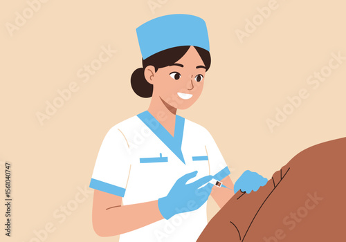 Smiling Nurse Administering Injection with Blue Gloves and Uniform in Medical Setting.