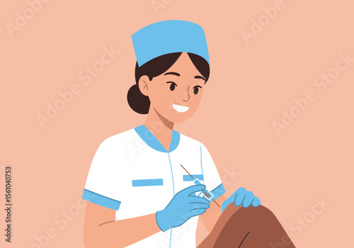 Smiling Nurse Administering Injection with Blue Gloves and Uniform in Vector Illustration.