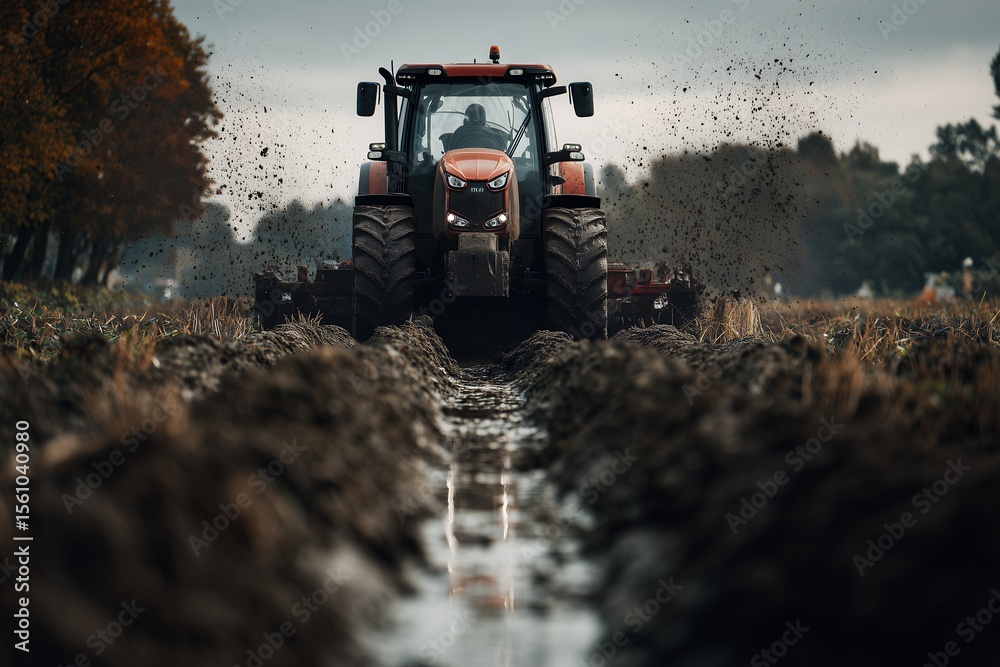 Fototapeta premium Powerful agricultural tractor cultivates muddy field under dramatic overcast sky preparing land for the upcoming planting season heavy machinery hard at work tilling rich soil
