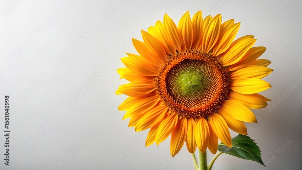 Fototapeta premium A Vibrant Single Sunflower Blossoms Against a Neutral Background, Displaying its Golden Petals and Rich Central Disk, a Symbol of Summer's Warmth and Abundant Growth