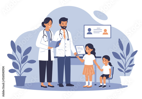 Two doctors and two young patients in a medical office setting.