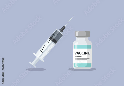 Vaccine vial and syringe with needle medical injection equipment illustration.