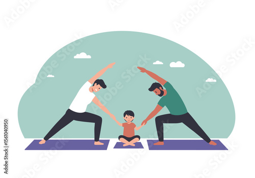 Two men and a child practicing yoga stretching arms family fitness.
