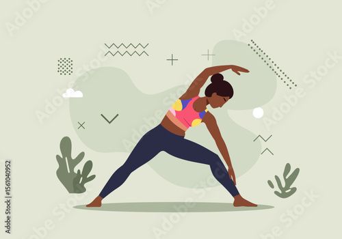 Woman in Yoga Pose with Colorful Top and Dark Leggings.