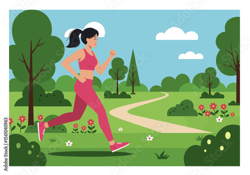 Woman Running in Pink Sportswear Ponytail Athletic Activity Outdoor Exercise Fitness.