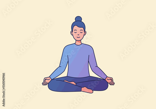 Woman in Lotus Position Meditating with Closed Eyes and Blue Gradient Clothing