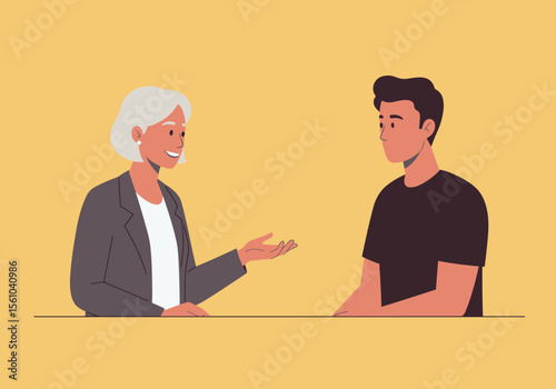 Woman with Gray Hair in Blazer Talking to a Young Man.