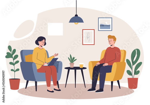 Woman with laptop gesturing towards man sitting in yellow armchair during therapy session.