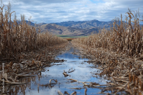 Agricultural disaster scene with dead corn stalks submerged in floodwater, representing crop failure and the severe consequences of extreme weather events and climate change on