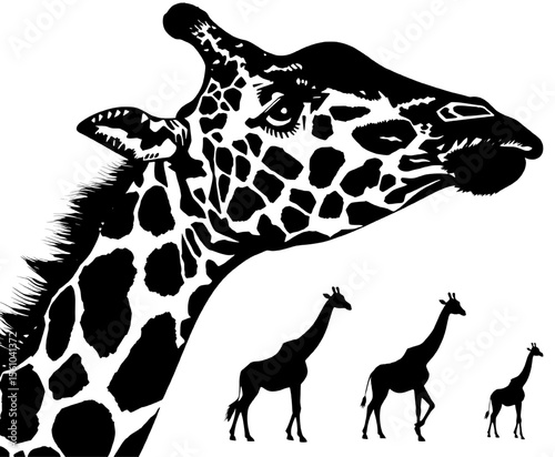 Savanna Giants: Giraffe Group in Black-and-White Vector Set