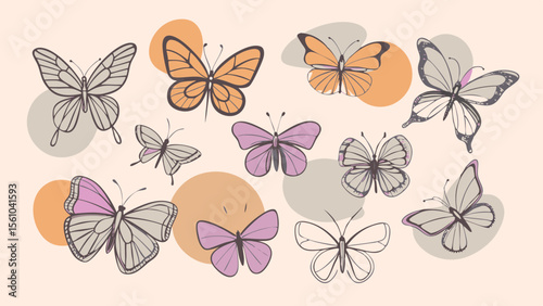 Collection of stylized butterflies in pastel colors and outline drawings