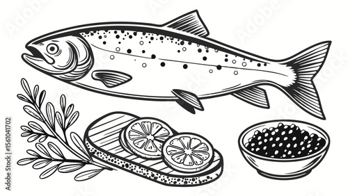 Stylized illustration of a whole salmon fillet with lemon slices and caviar