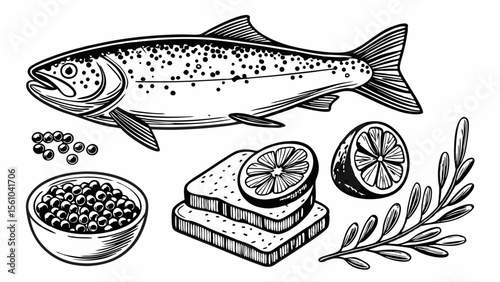 Hand drawn illustration of a salmon with caviar toast lemon and herbs