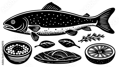 Black and white illustration of a whole fish with side dishes and garnishes