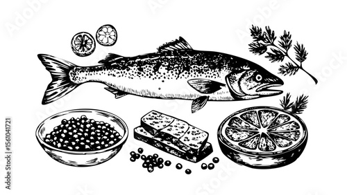 Elegant Ink Drawing Salmon, Caviar, and Citrus Delights