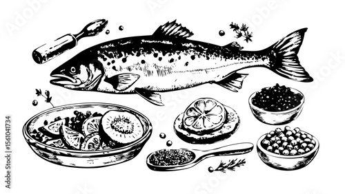 Delicious Salmon Recipe A Hand-Drawn Illustration of Fresh Salmon with Lemon, Herbs, and Caviar