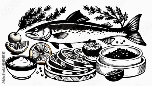 Artistic black and white illustration of a salmon with lemon slices and caviar