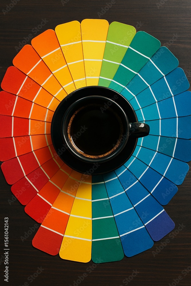 Obraz premium Vibrant top view of a black coffee cup centered on a circular spread of color swatches in full rainbow spectrum, symbolizing creativity, color theory, and morning inspiration
