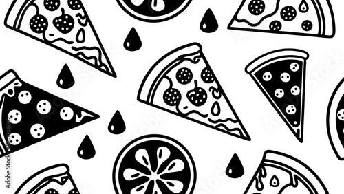 Fun black and white cartoon pizza slices and tomato slices pattern