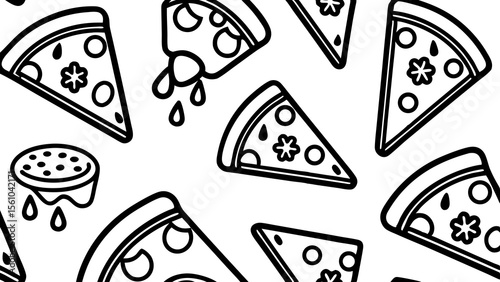 Simple black and white line art pattern of pizza slices with dripping cheese