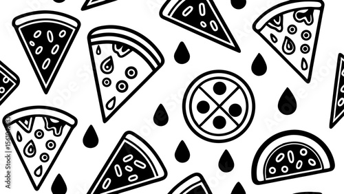 Fun black and white pizza slices and toppings seamless pattern background