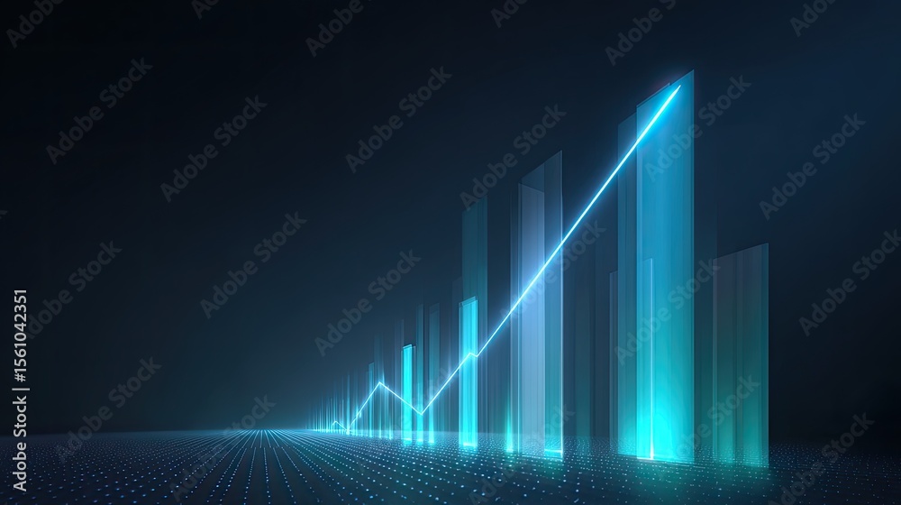 Fototapeta premium Abstract data visualization with upward financial trend glowing in blue and green hues