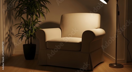 Cozy interior scene featuring a cream armchair bathed in warm, soft lighting. A tall potted plant adds a touch of nature, and a floor lamp provides illumination. Wooden floor gives warm feeling.