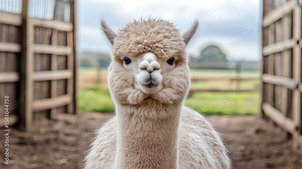 Obraz premium A fluffy white alpaca poses directly facing the camera