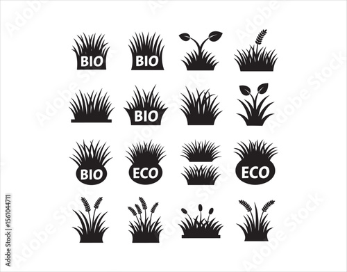 Icons of grass in black silhouette style. Isolated monochrome web sign kit showcasing plants. The organic sprout pictogram collection features bio, eco, and nature preservation
